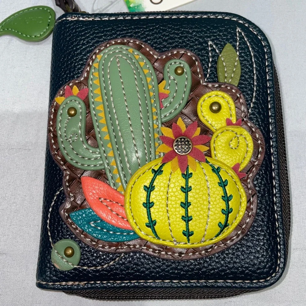 Chala Handbags Cactus Garden Zip Around Wallet Navy Blue Vegan Leather Wristlet